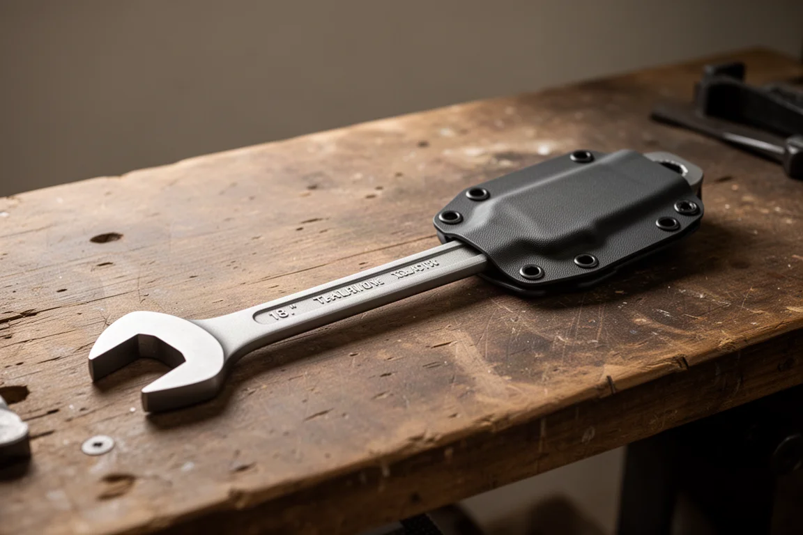 Large 18-inch titanium adjustable wrench with a fitted sheath on a workbench