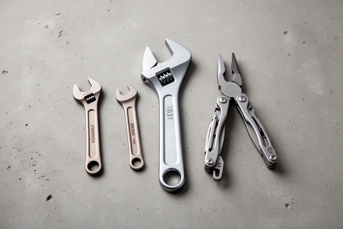 Flat-lay of compact EDC tools including wrenches and pliers on concrete