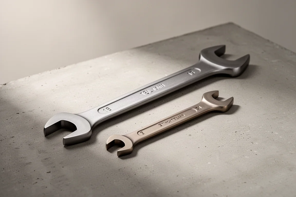 Kleiner 3-Inch- und großer 18-Inch-Titanium Adjustable Wrench auf einer Betonoberfläche