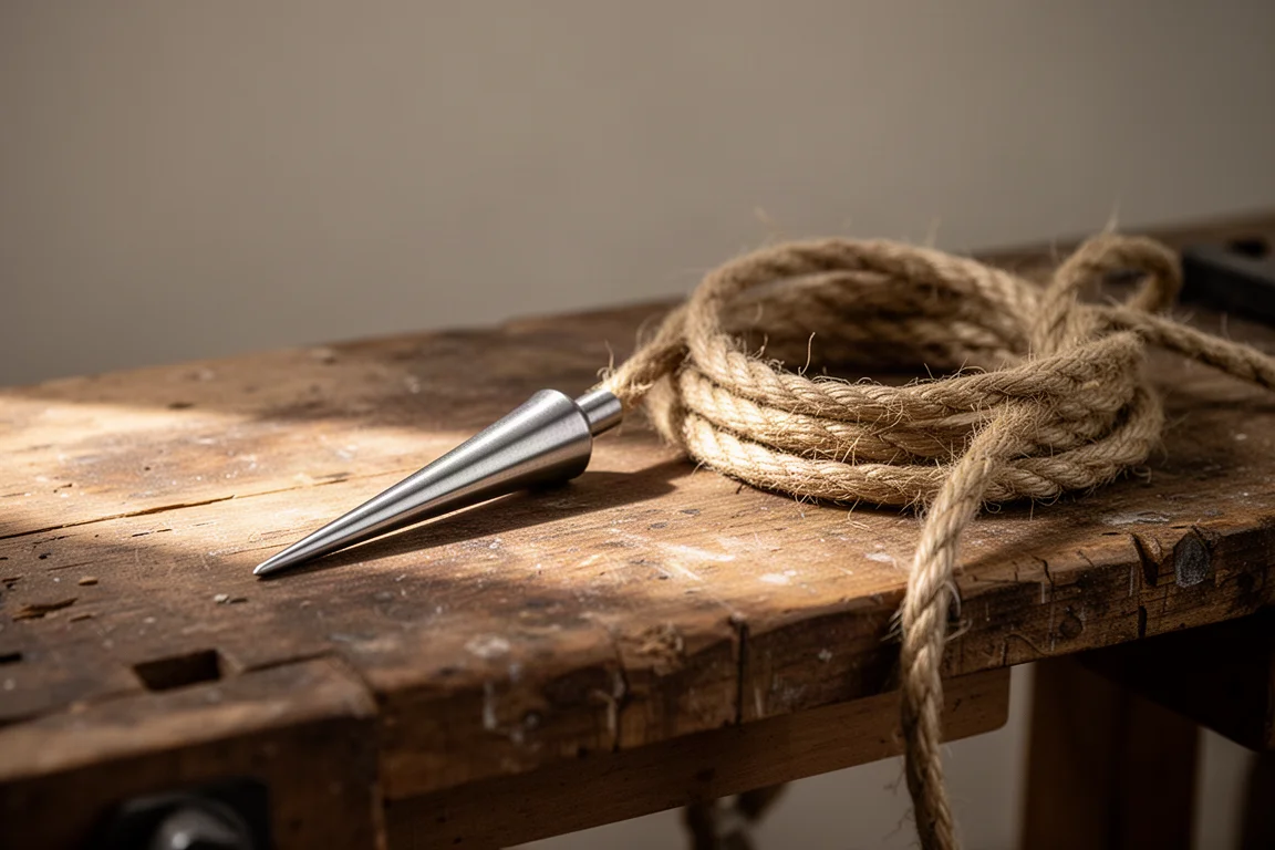 Strumento a punta in titanio affusolato appoggiato su una panca di legno accanto a una corda arrotolata