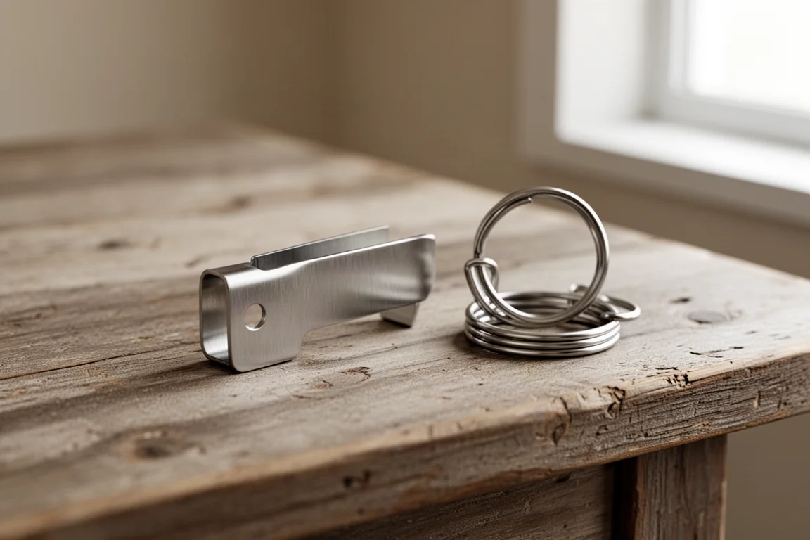Titanium bread clip on a keyring resting on a wooden desk