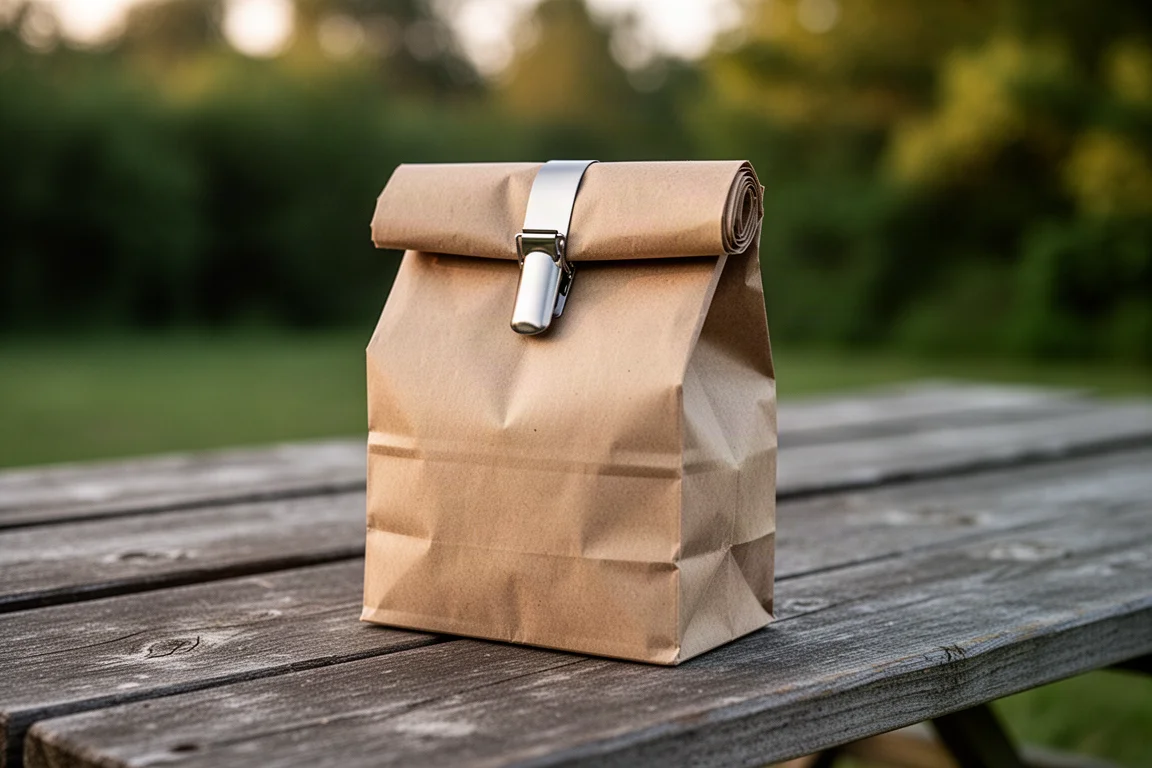 Bread clip sealing a kraft paper bag on a picnic table