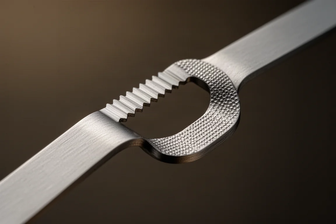 Close-up of the serrated edge and textured grip of a titanium bread clip