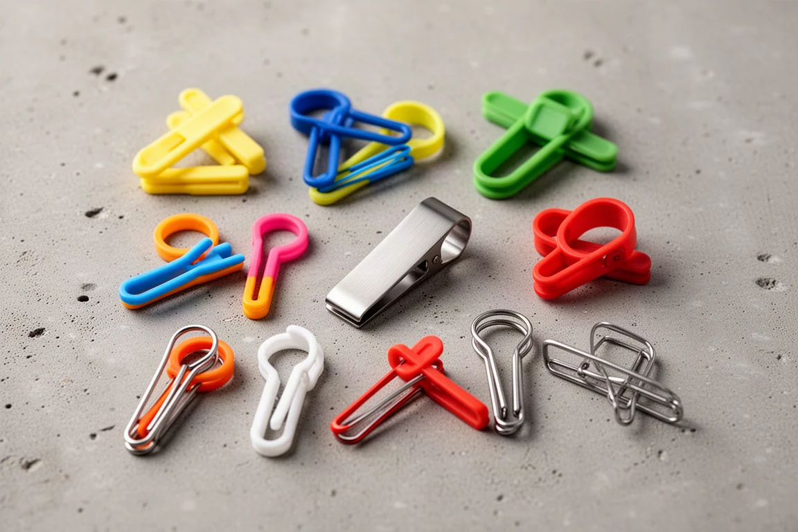 Collection of bread clips in various colors arranged on a flat surface
