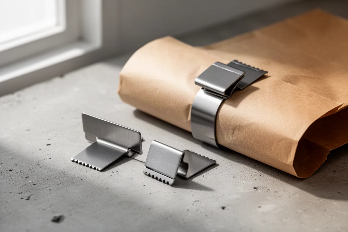 Zwei Brotclips aus Titanium auf Beton, einer verschließt einen gerollten Kraftpapierbeutel