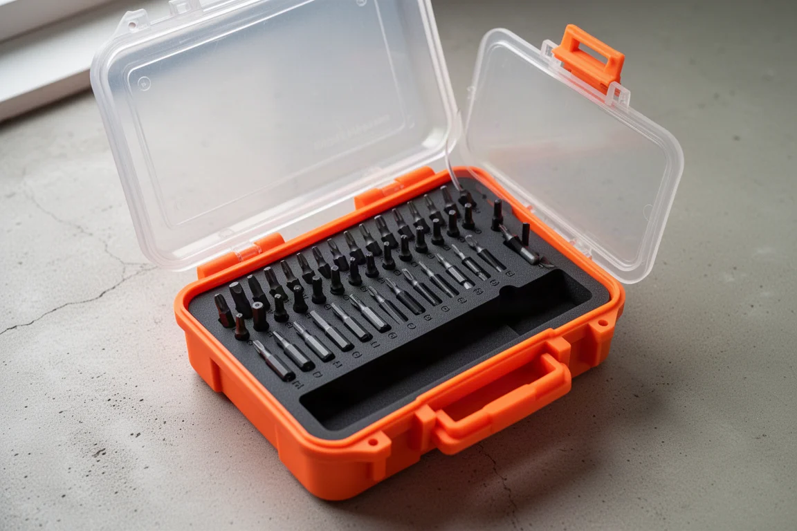 Open orange watertight tool case with transparent lid and rows of black screwdriver bits