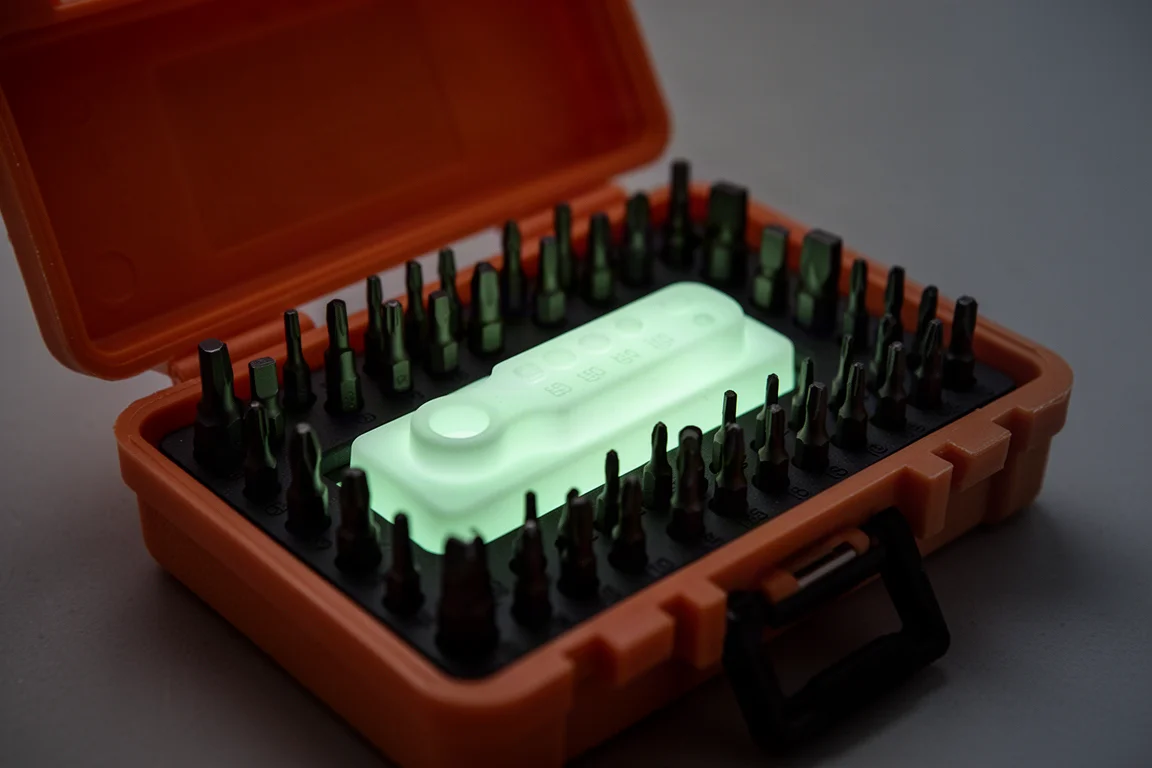 Glow-in-the-dark rubber insert softly glowing in a darkened room
