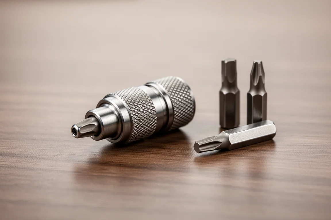Close-up of a titanium palm driver with spinning tail cap held on a desk