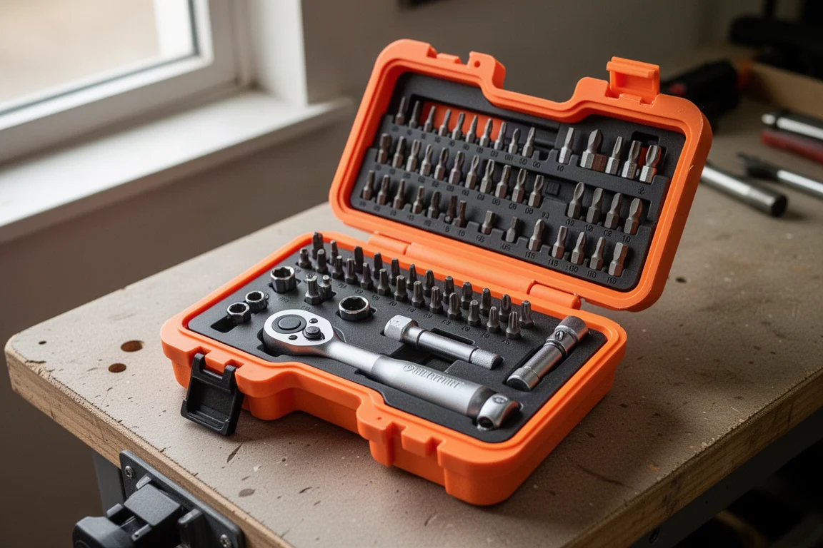 Open tool case with added ratchet and extension pieces fitted alongside the standard bits