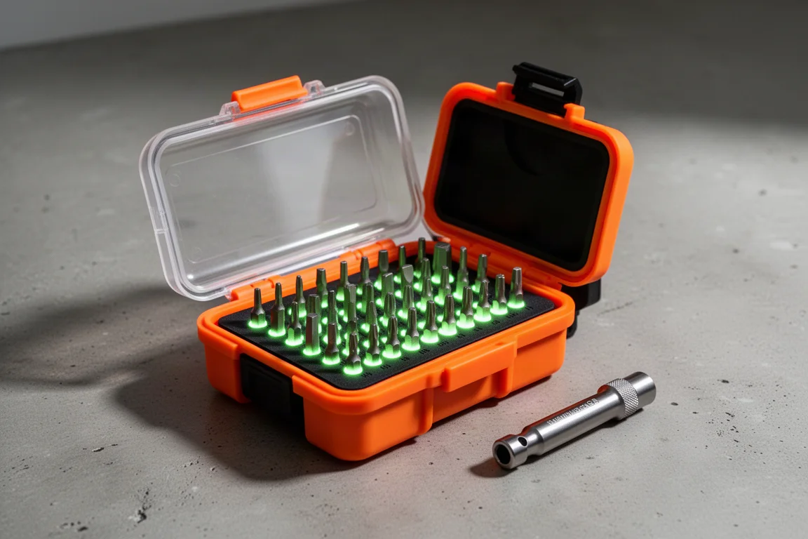 Open orange watertight tool case with titanium palm driver beside it on concrete