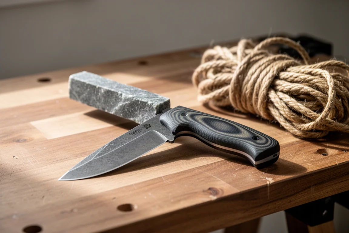 Fixed blade utility knife with thick short blade resting on a wooden workbench