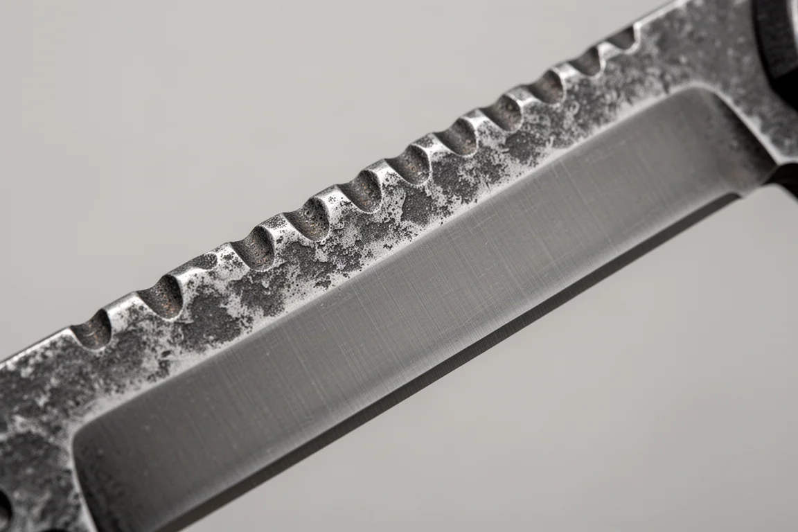 Close-up of aggressive jimping and flat grind on a stonewashed knife blade