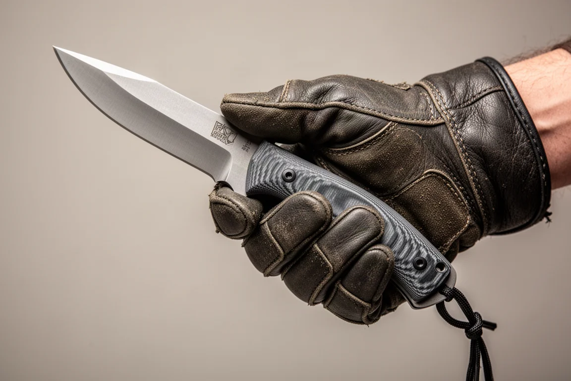 Gloved hand gripping a fixed blade knife with heavily textured G10 handle