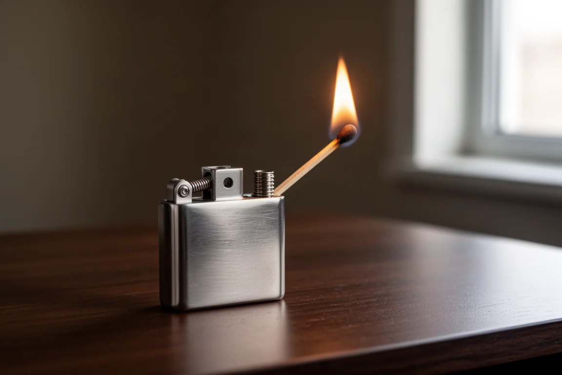 Titanium match-style lighter with the match stick extended and a flame burning at its tip