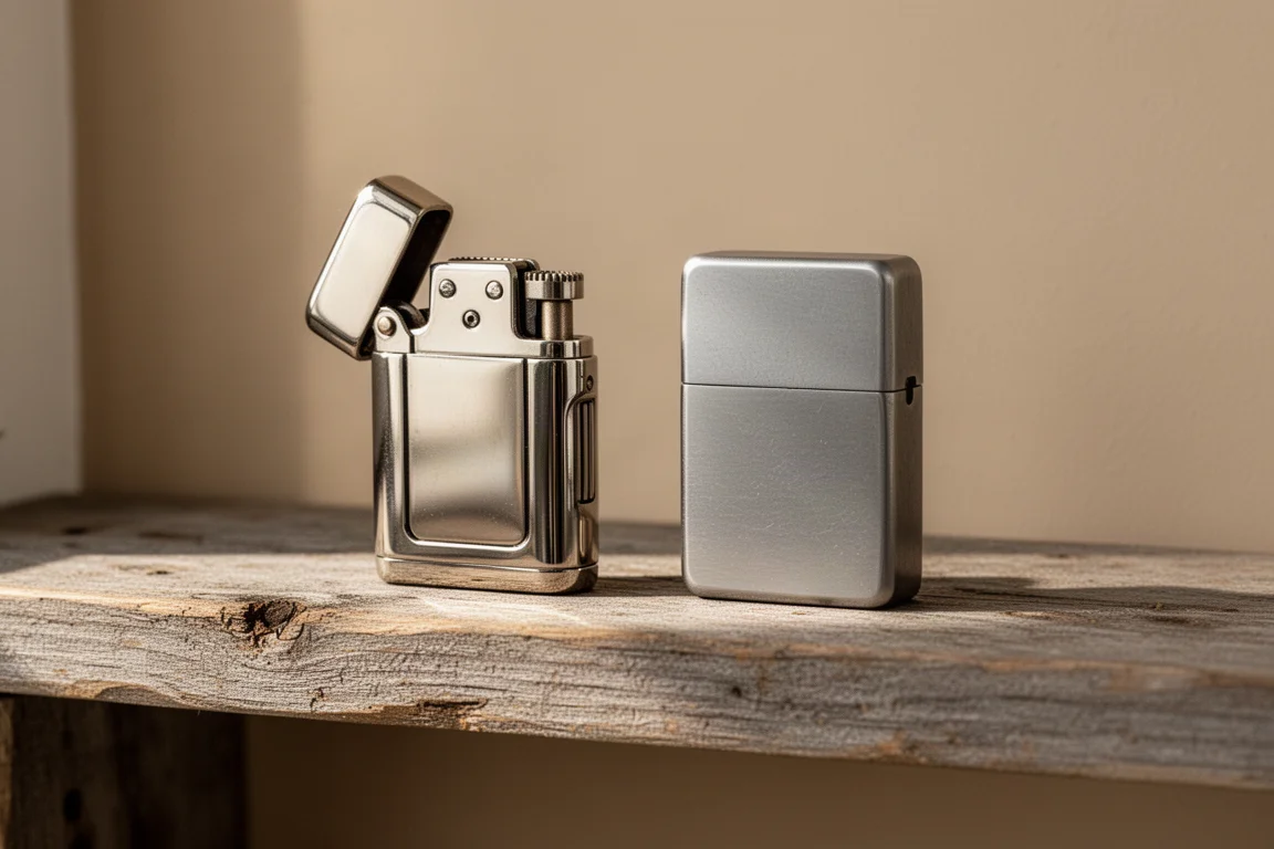 A classic brass-finish pocket lighter sitting closed on a wooden shelf beside a titanium block