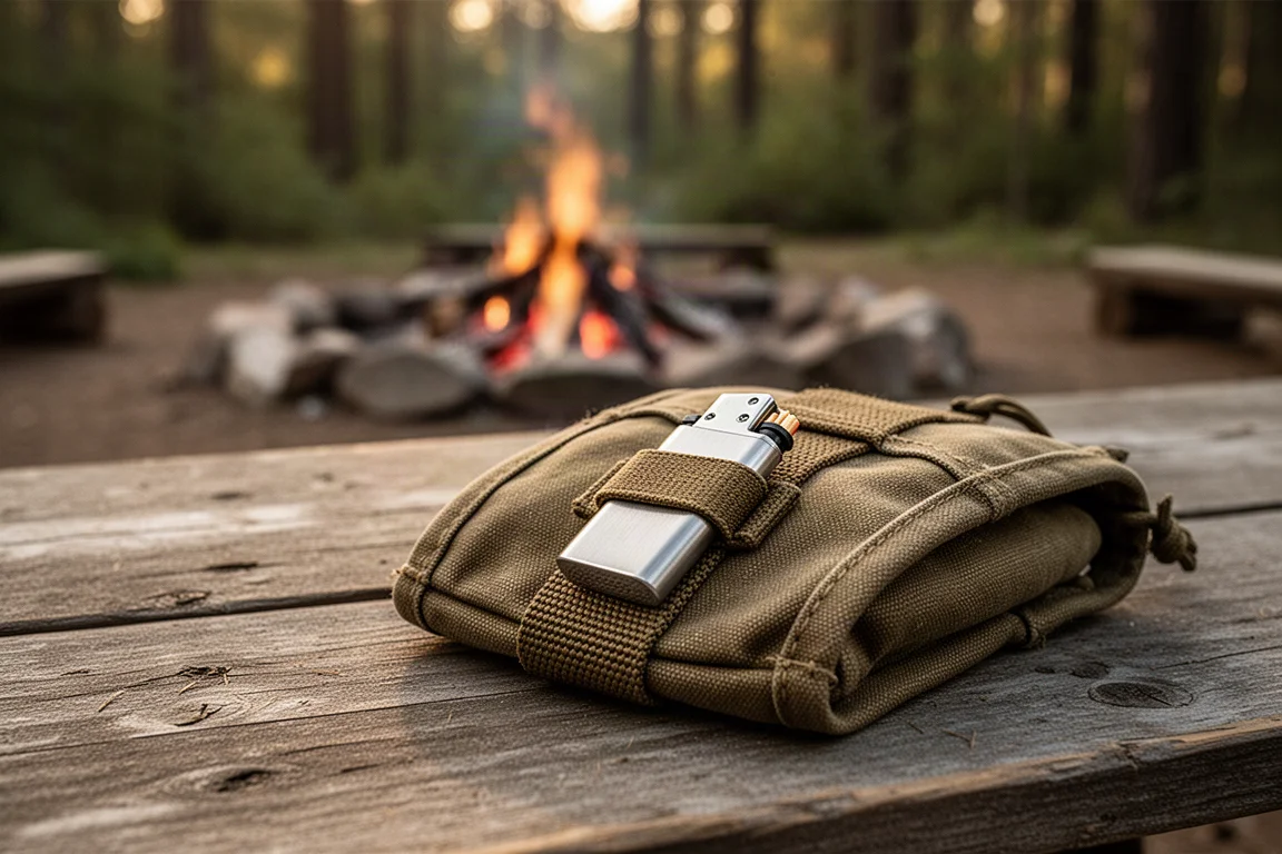 A titanium match lighter tucked into the pocket of a canvas outdoor pouch on a campsite table