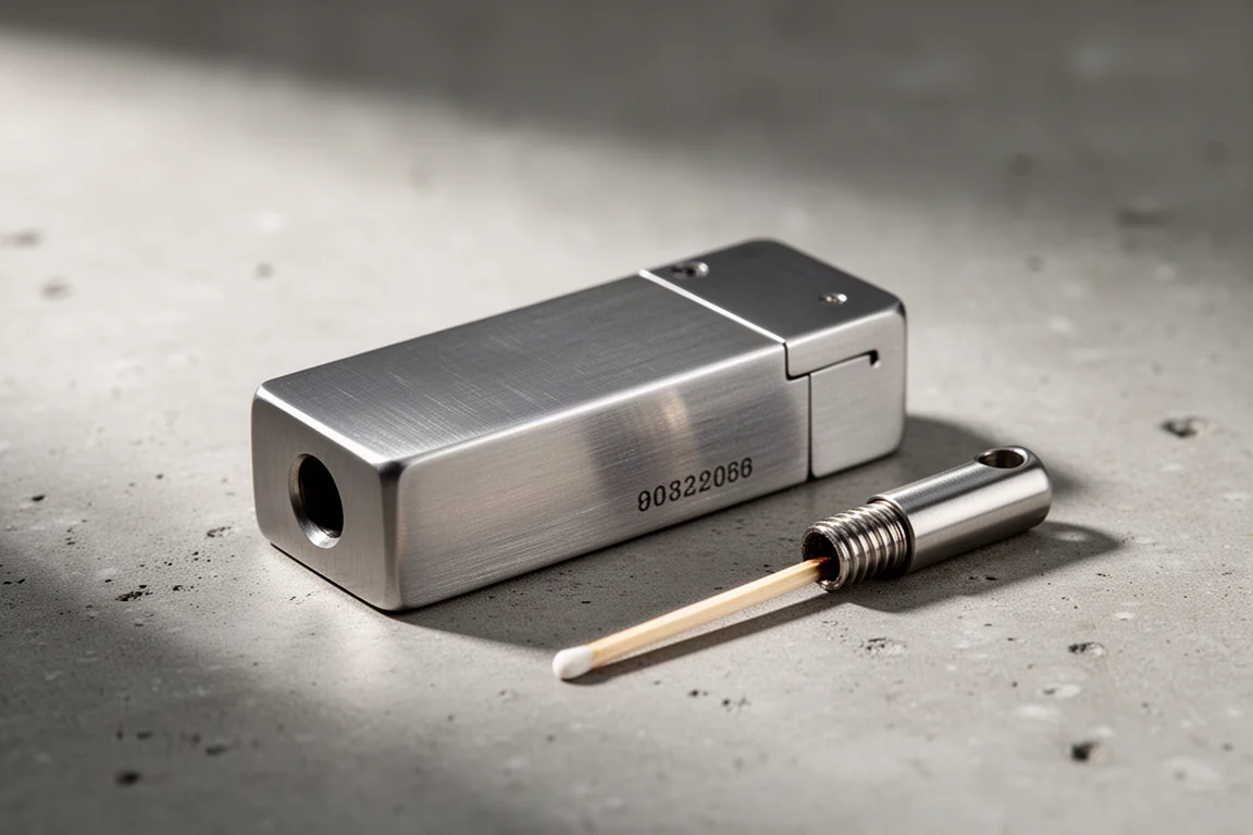 Machined titanium match-style lighter with its match stick unscrewed beside it on concrete