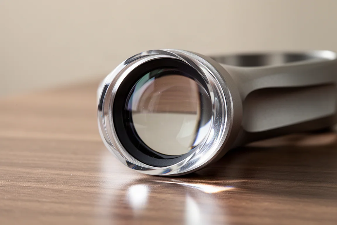 Close-up van een dikke, heldere saffieren lens in een gepolijst titanium loeplichaam