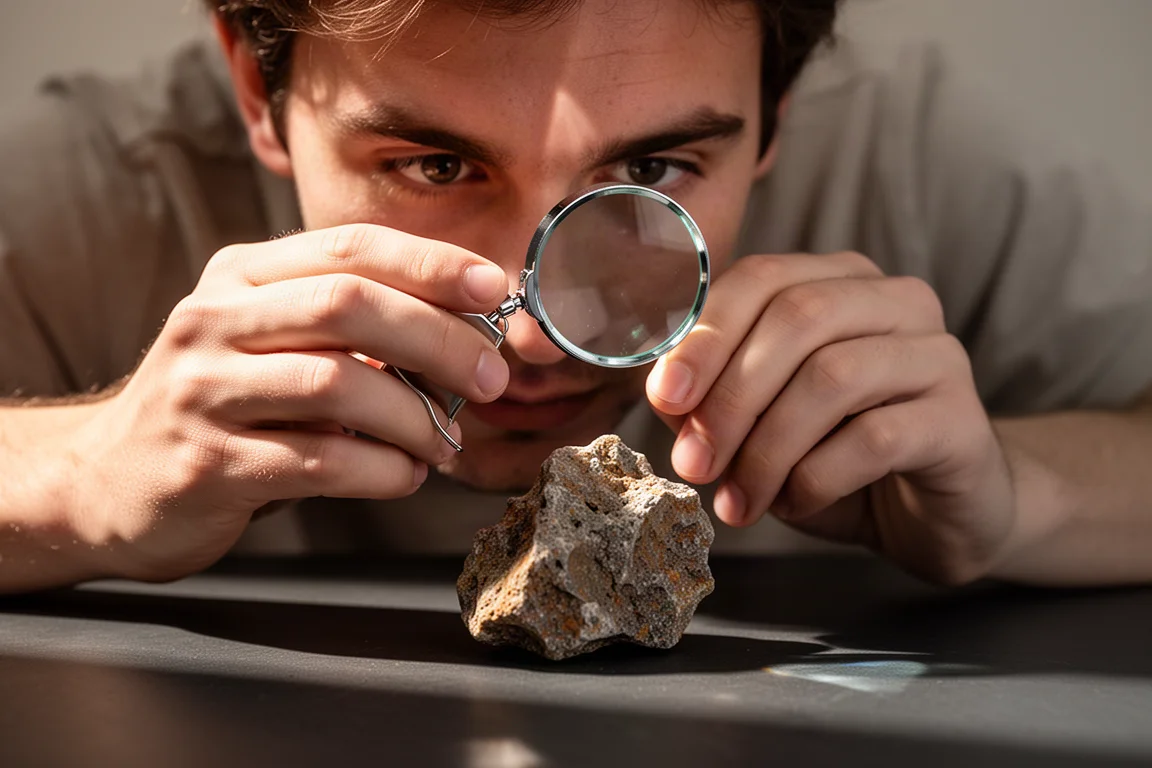 Handen die een mineraal specimen bekijken door een zakloep