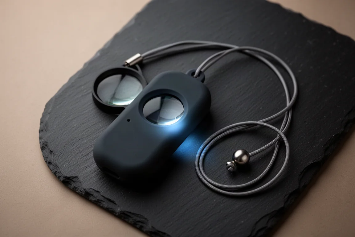 In het donker oplichtend siliconen hoesje en koord met titanium kraal op een donker oppervlak