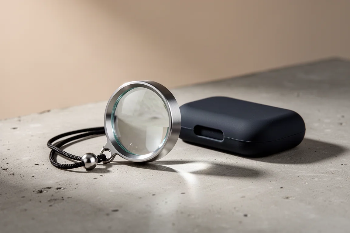 Compacte titanium zakloep met heldere lens, koord en siliconen hoesje op beton