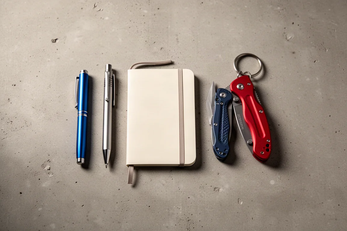 Everyday-Carry-Flat-Lay mit Schreibgerät, Notizbuch und Pocket-Tools auf Beton