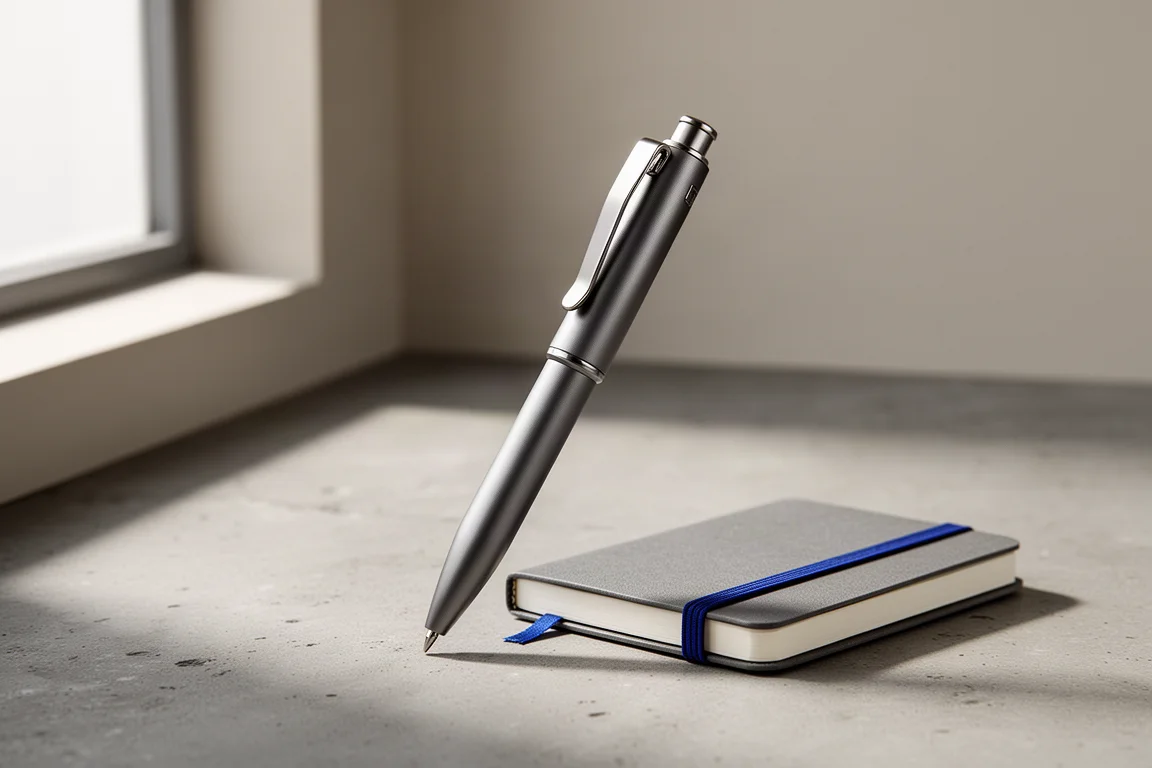 Eloxiertes Aluminium-Botschaftsschreibgerät mit Titan-Clip neben einem Pocket-Notizbuch