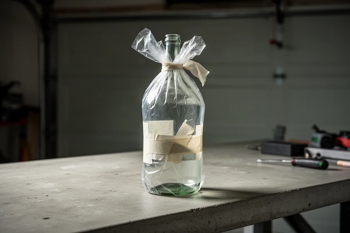 Glasflasche in verstärkter Plastiktüte auf einer Betonwerkbank vor dem Bruchtest