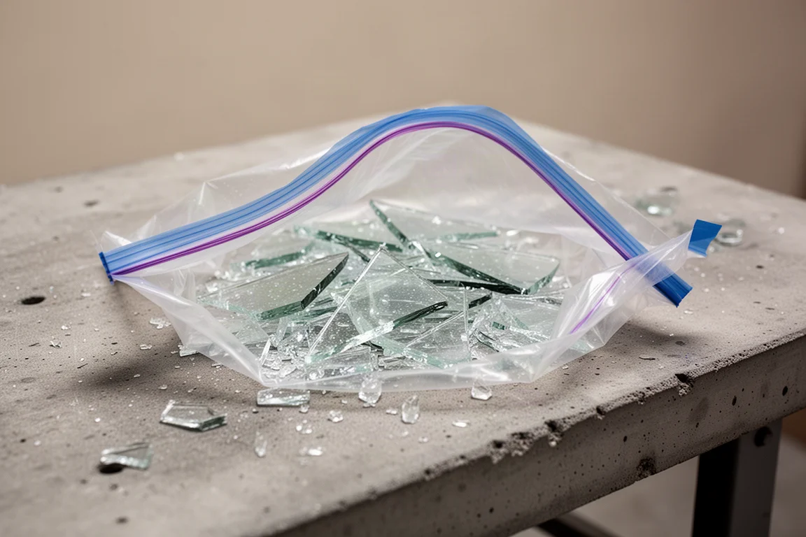 Zersplitterte Glasscherben in einer abgeklebten Plastiktüte auf einer Werkbank
