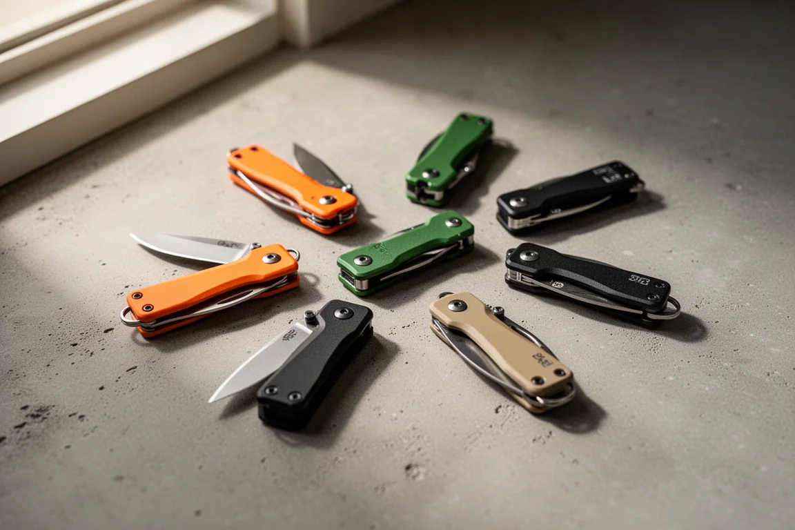 Collection of small keychain pocket knives spread out on a concrete surface