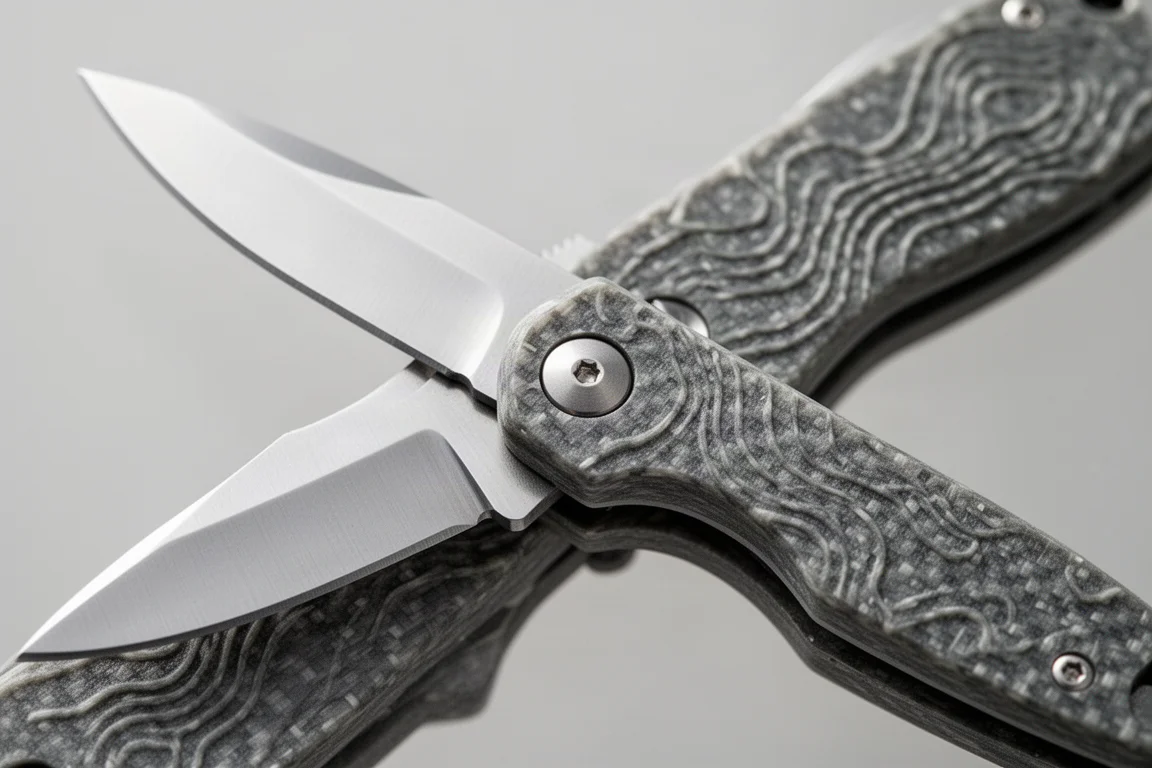 Close-up of a small lockback knife blade and textured nylon handle