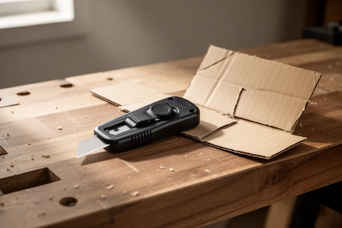 Small utility knife with auto-retract blade lying on a workshop surface