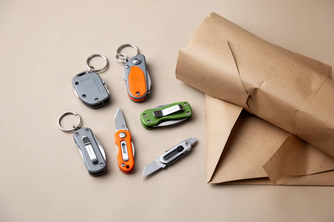 Small keychain knives and utility knives arranged as gift stocking stuffers