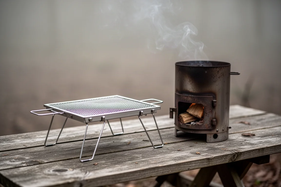 Compact titanium grill tray with fold-out legs set up beside a small wood burning stove outdoors