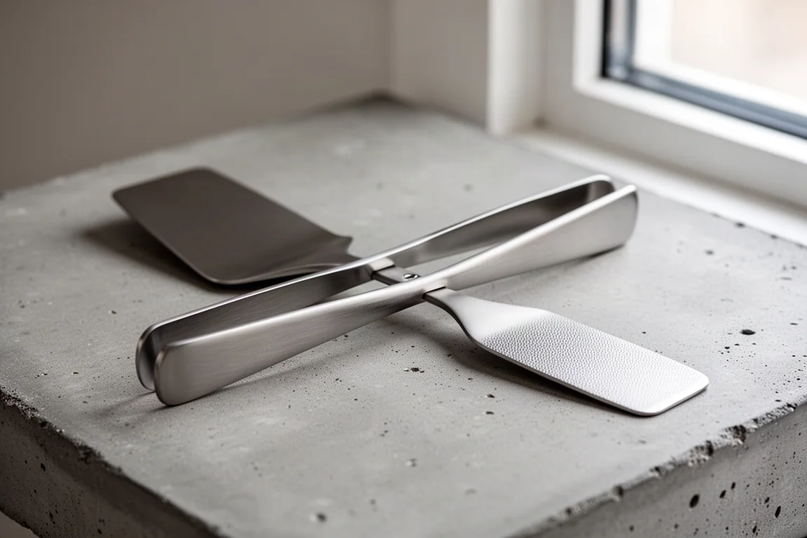 Two slim titanium spatulas snapped together forming a pair of tongs