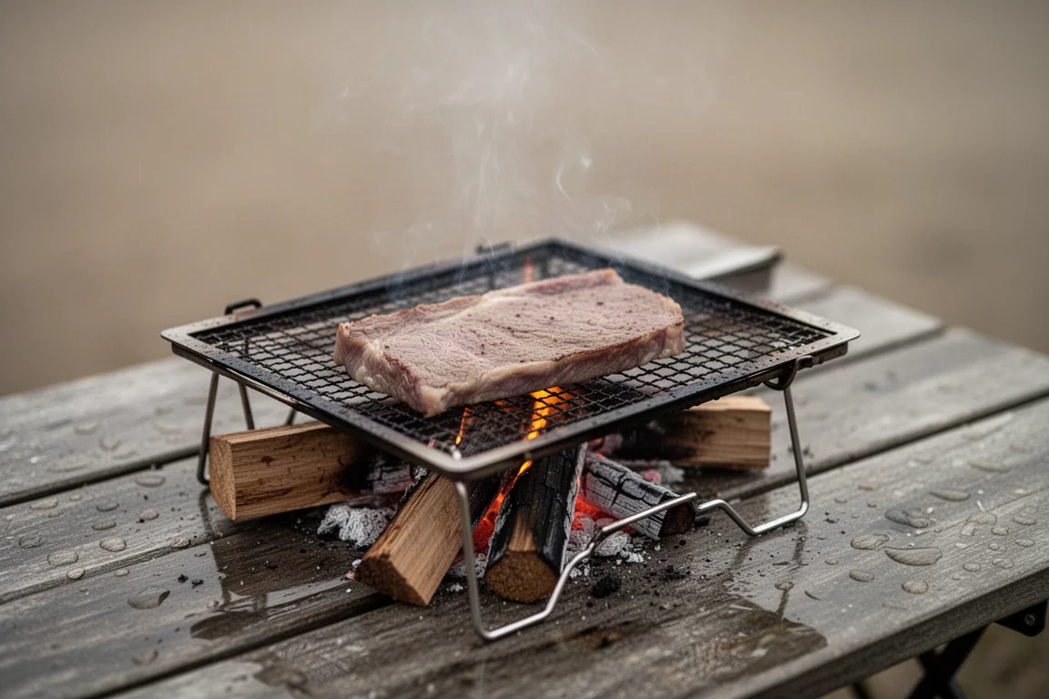 Meat cooking on a small portable wood burning grill under overcast skies