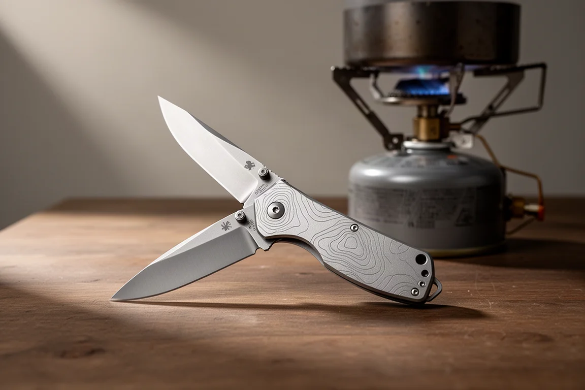 Folding knife with titanium handle and topographic pattern resting on a wooden surface