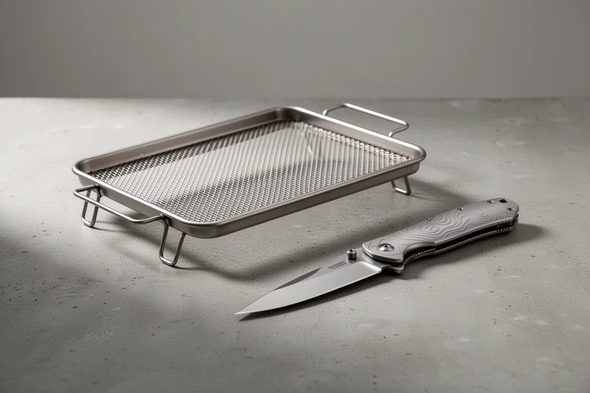 Titanium grill tray with fold-out legs and a titanium-handled folding knife on concrete
