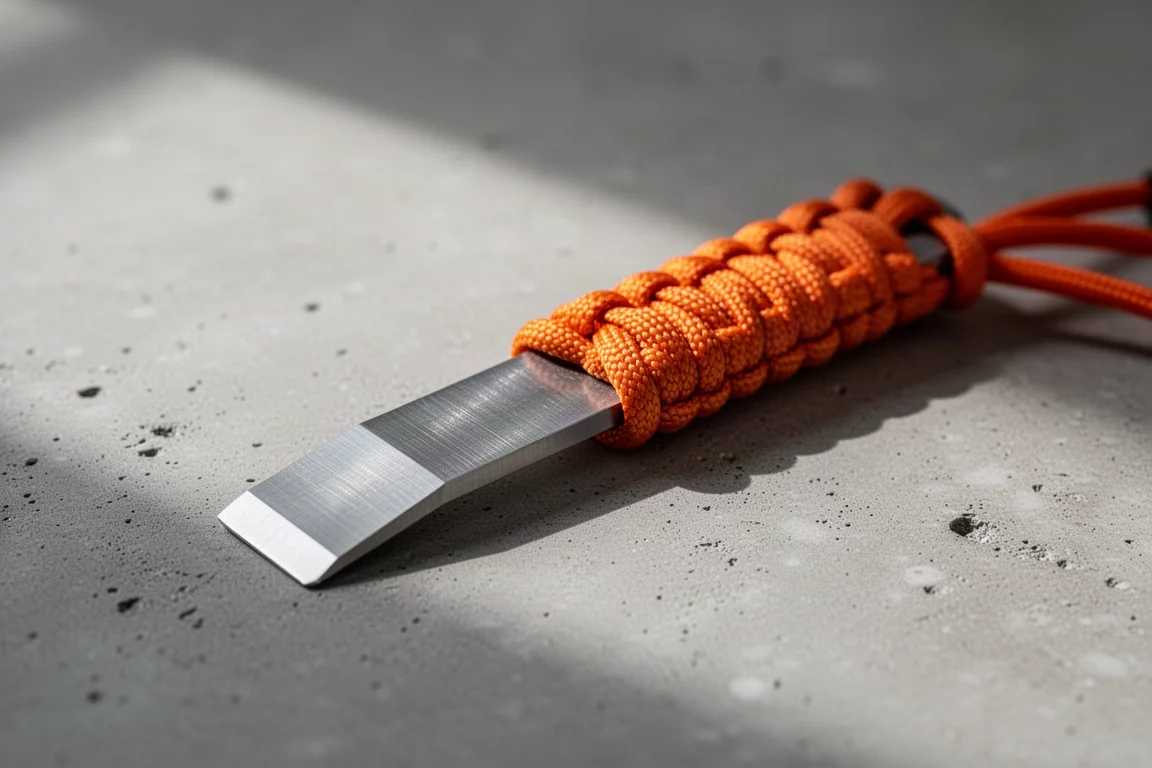 Kompaktes Titan-Hebelwerkzeug mit orangefarbenem Paracord-Griff, auf Beton liegend