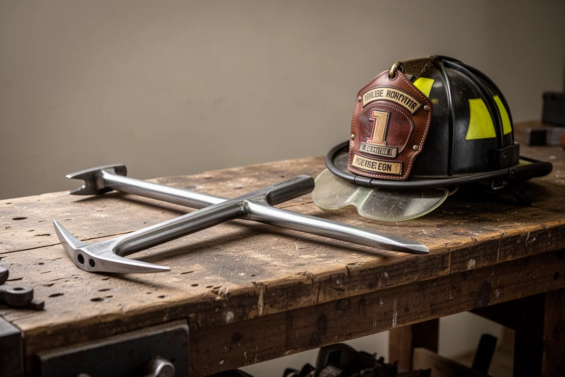 Brechwerkzeuge von Feuerwehrleuten, auf einer Werkbank ausgelegt