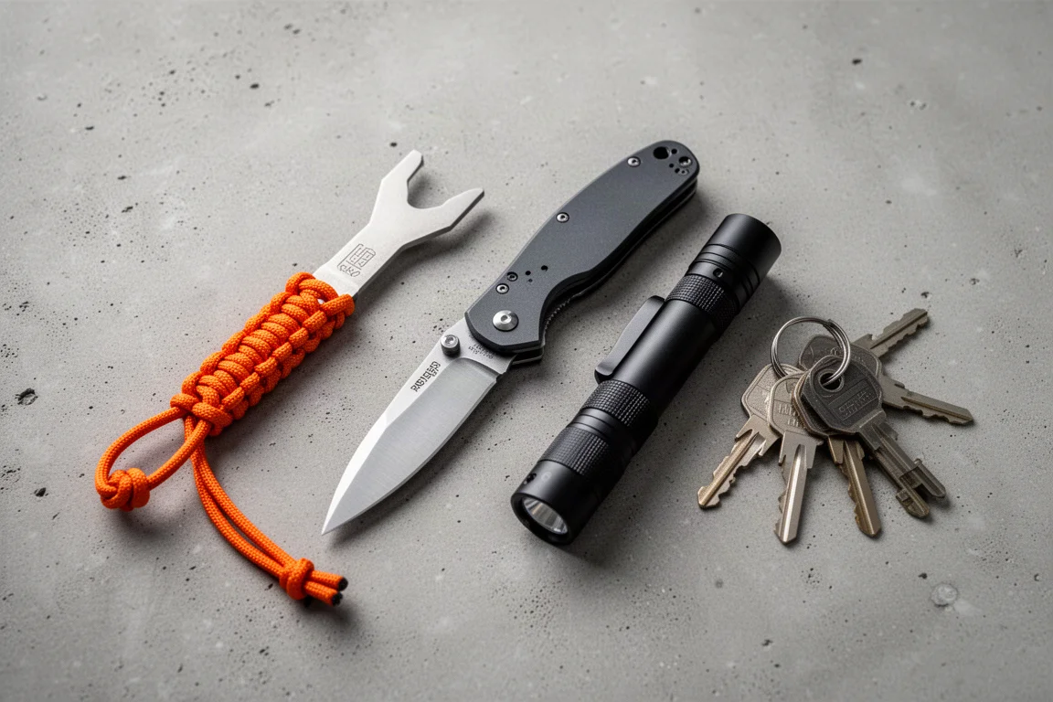 EDC-Flat-Lay mit Titanwerkzeug, Taschenmesser und Taschenlampe auf Beton