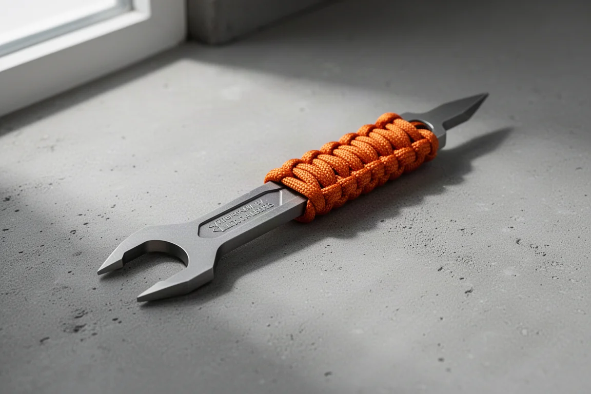 Piccolo attrezzo da leva in titanio con fondello in paracord arancione su cemento opaco