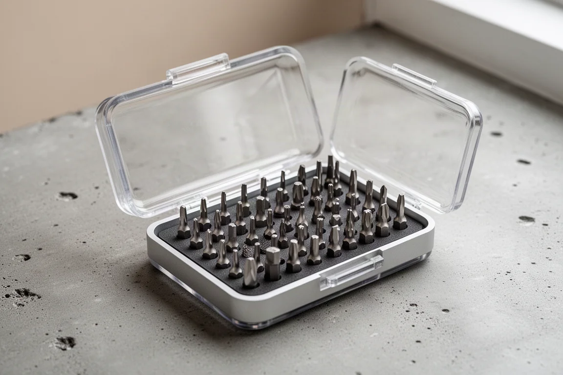 Open capsule case revealing an array of 30 small precision screwdriver bits