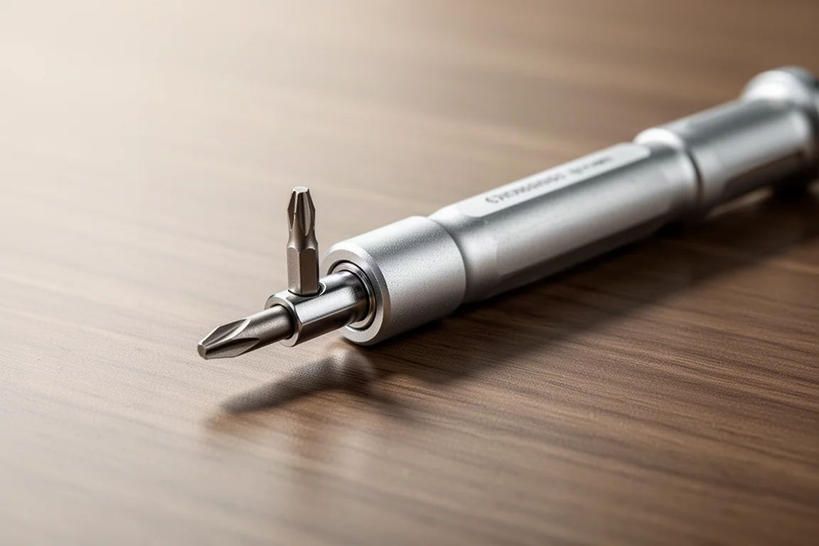 Precision screwdriver handle with a small bit seated in the magnetic holder