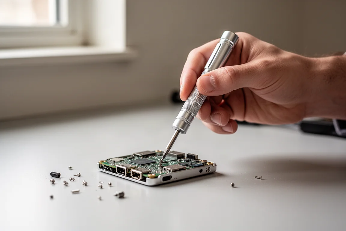 Driver handle balanced in a hand above a workbench during small electronics repair