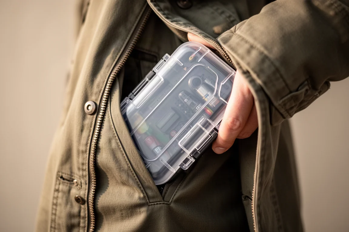 Closed capsule case being dropped into a jacket pocket for everyday carry
