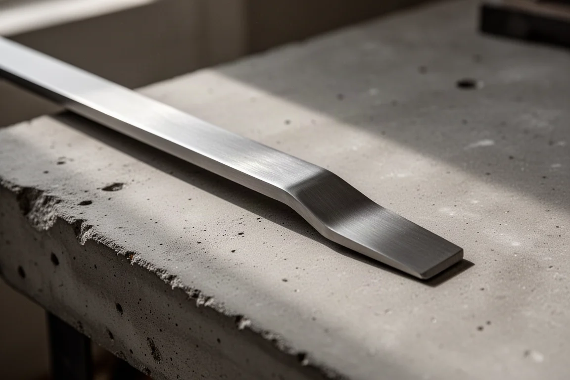Hand-brushed titanium pry bar resting on a concrete workbench in soft daylight