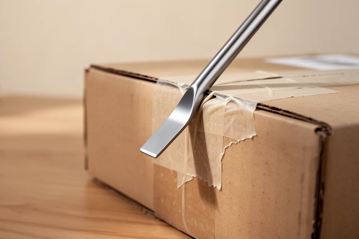 Tapered flat tip of a titanium pry bar wedged under the lid of a cardboard box