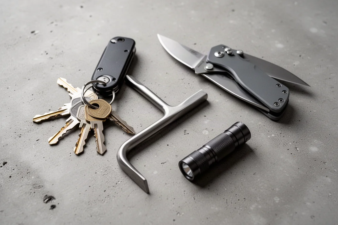 Titanium pry bar clipped in a pocket alongside keys and a small folding knife