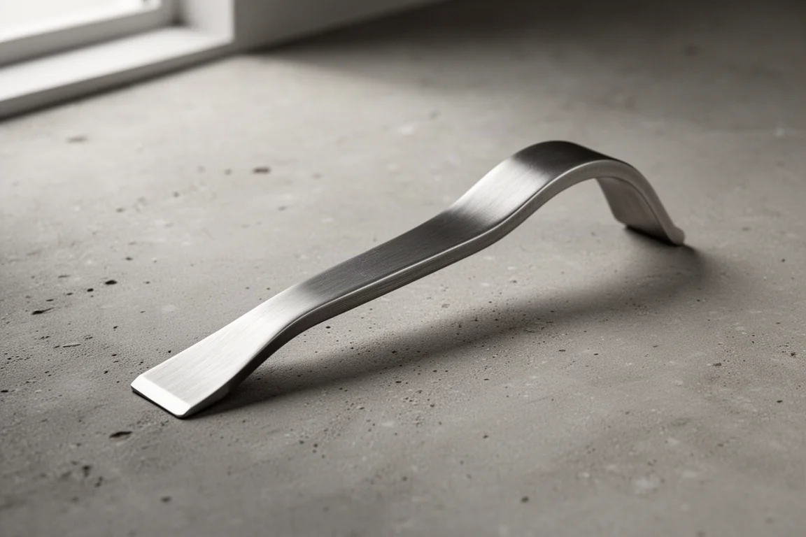 Hand-brushed titanium pry bar on a matte concrete surface in soft light
